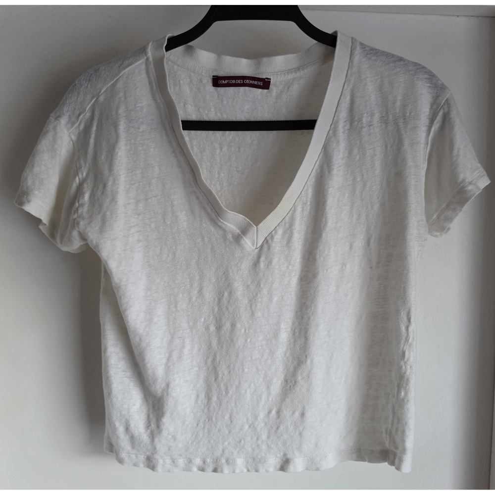 Comptoir des Cotonniers Linen T-Shirt XXS White V-Neck Solid Casual Top Tee